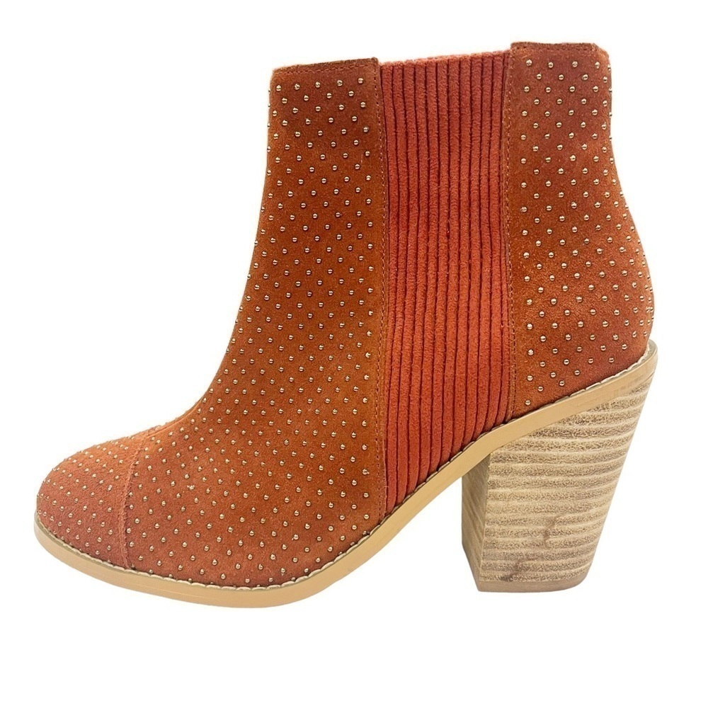 Anthropologie Faux Suede Gold Studded Stack Heel Pull On Boots Rust Orange 6.5 - Picture 4 of 11